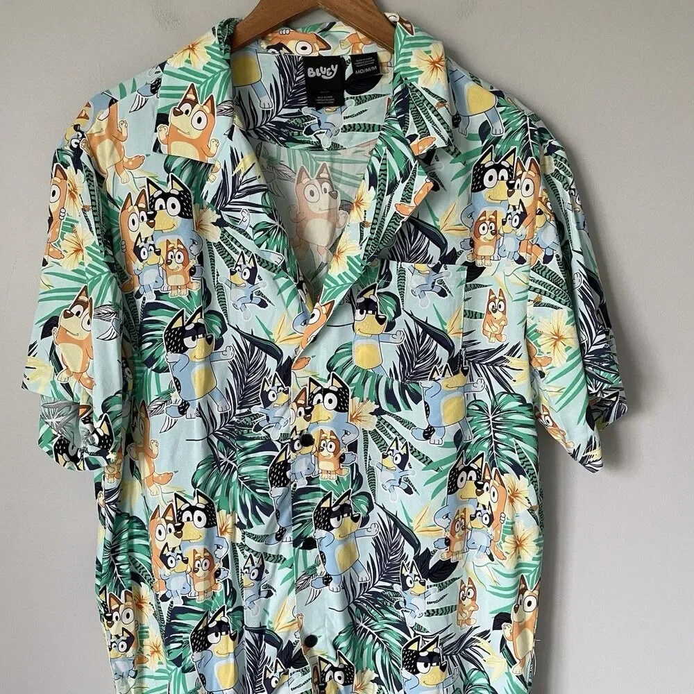 Bluey Hawaiian Button Up Shirt Top Lightweight Cartoon Beach Casual Camp Men's M